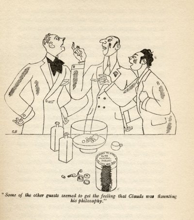 「他のゲストの何人かは、クロードが彼の哲学を誇示していると感じているようでした。」イラストは、1928年に発表されたアニタ・ロスの「しかし紳士はブルネットと結婚する」のイラスト 作： Ralph Barton